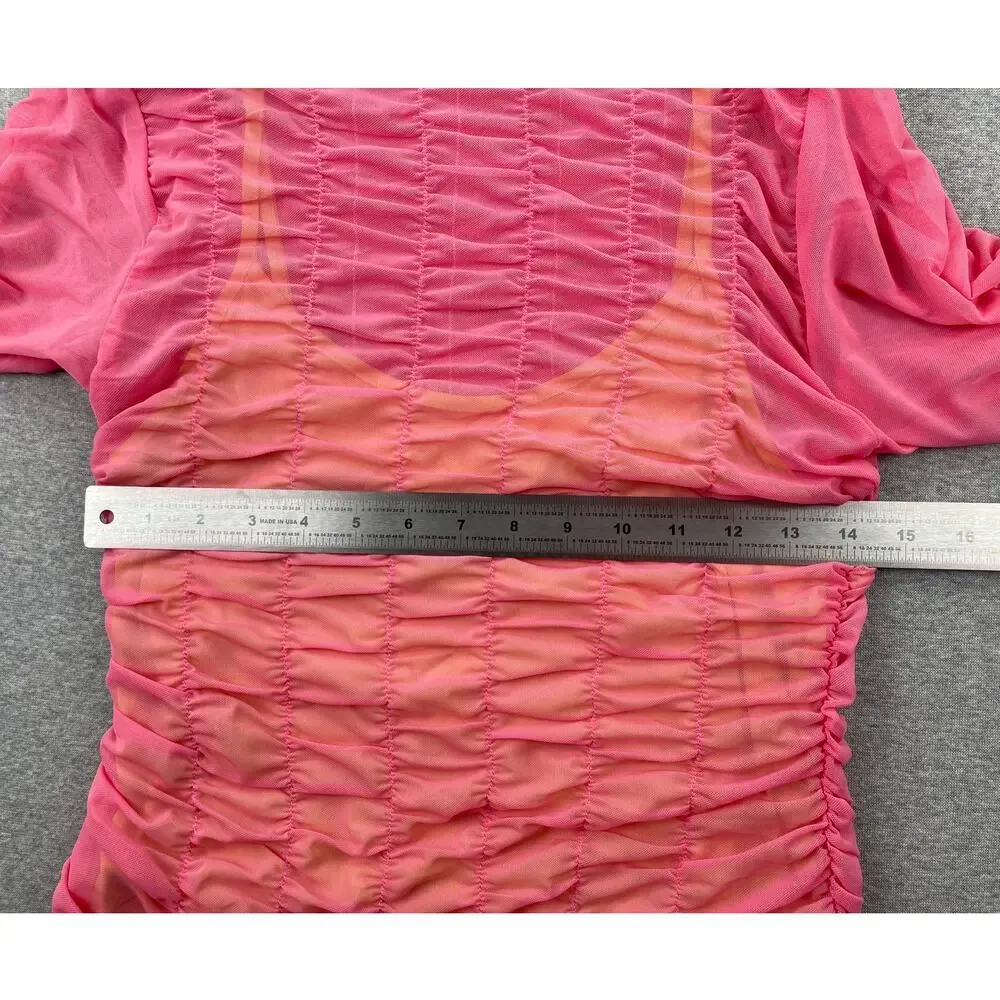 TOPSHOP Dress Size M 8/10 Hot Pink Sheer Layered Mesh Mini Ruched Long Sleeve